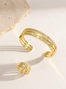 1 set Bracelet ouvert et bague en zirconium à motif nid d'abeille classique, convient pour le port quotidien des femmes, un cadeau idéal pour les festivals - Or jaune - Voir 1