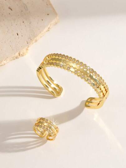 1 Set de brazalete y anillo abierto de circonita con panal clásico, adecuado para uso diario de mujeres, un regalo ideal para festivales