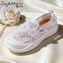 joy&mario 1双女士白色3D立体花卉蕾丝套脚厚底运动鞋,透气网面搭配亮片和珍珠装饰,轻便防滑,适合日常穿着和街头风格 - J&M - 白色 - 查看 4