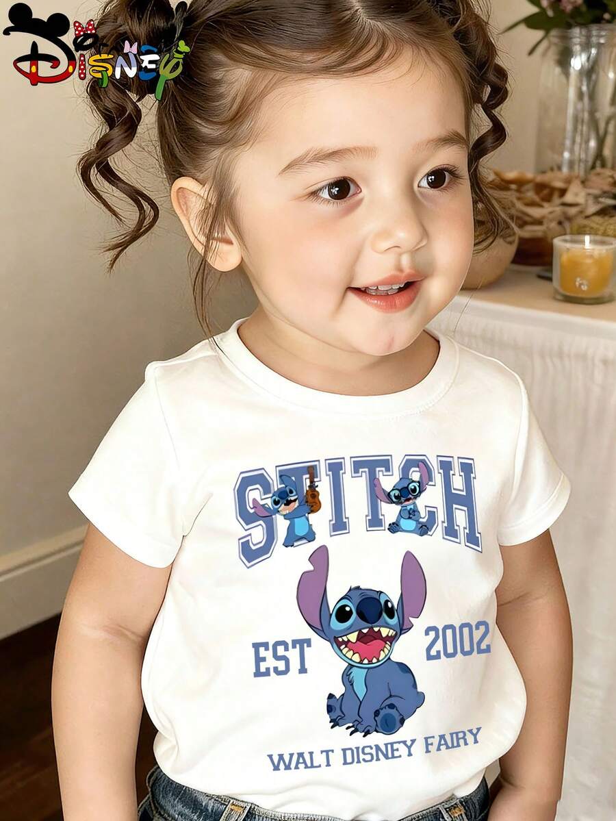 Disney Lilo & Stitch Kids' White T-Shirt, Preppy Style Letter Print Casual Top, Ideal Holiday Outfit, Sweat-Absorbent And Breathable - trắng - Xem 1