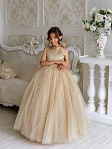 Tween Girl Sleeveless Halter Bow Pearls Tulle Princess Dress, Suitable For Birthday Party, Wedding, Flower Girl, Prom, Holiday Occasions - Champagne - View 7