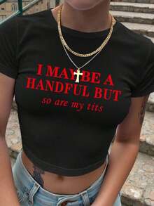 Camiseta corta de manga corta para mujer con estampado de eslogan y cuello redondo, a la moda, para Navidad y ocio. - Negro - Ver 1