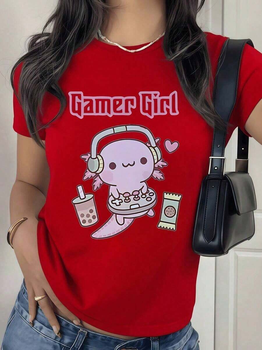 Under The Radar Women's Crew Neck T-Shirt With Digital Print Of A Gamer Axolotl With Headphones And Drinks, 100% Cotton, Youthful Style, Casual Vintage Street Style Design, Unisex Loose Cotton Short Sleeve Crew Neck T-Shirt - 紅色 - 查看 1