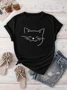 Camiseta con diseño de gato recientemente sugerido, informal para todos, perfecta para vacaciones. Manga corta, cuello redondo, adecuado para primavera y verano, lavable a máquina. Una Prenda Versátil para Salidas - Camiseta Unisex de Manga Corta y Cuello Redondo de Algodón Suelto Estilo Vintage Urbano - Negro - Ver 1