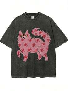 Una camiseta de algodón lavado con estampado moderno para mujer - algodón grueso, estilo callejero vintage, cuello redondo, mangas cortas, lavable a máquina, adecuada para uso casu - Negro - View 7