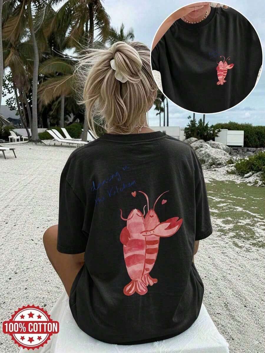 1 Piece [Double-Sided Print] Women's Fashion Casual T-Shirt, Spring/Summer, Watercolor Style, Shrimp, Heart, "Dancing In The Kitchen" Print, Round Neck, Short Sleeve, Pure Cotton, Plus Size, Drop Shoulder [Chu K]2026 - 黑色 - 查看 1