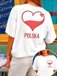 Women's T-Shirt With Double-Sided Print, Red Heart Print POLSKA, Breathable, Fashionable, Versatile, Anti-Pilling, Does Not Fade After Multiple Washes, Comfortable For Daily Wear, Sports And Leisure Activities, Ideal Gift For Holidays And Mother's Day - 白色 - 查看 7