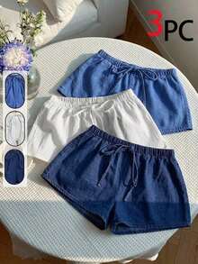 Set de 3 piezas de shorts casuales sueltos con cintura anudada para mujer - Multicolor 3 - Ver 2