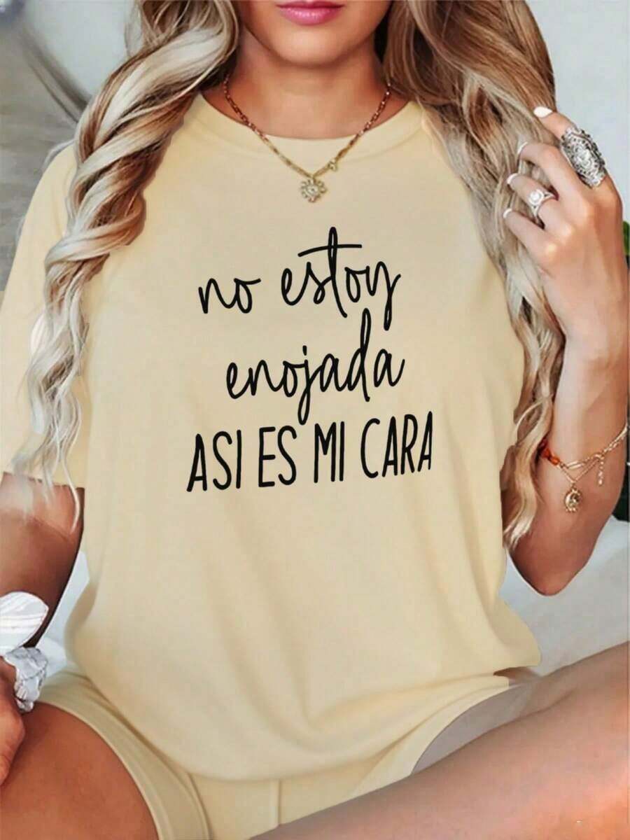 Minimalist T-Shirt For Women, 100% Cotton, With The Phrase 'I'm Not Angry, This Is My Face', Thick 220g Cotton T-Shirt For Women (1 Piece), Simple Solid Color T-Shirt For Women, Loose And Fitted Cut, Casual Short Sleeve - 杏色 - 查看 1
