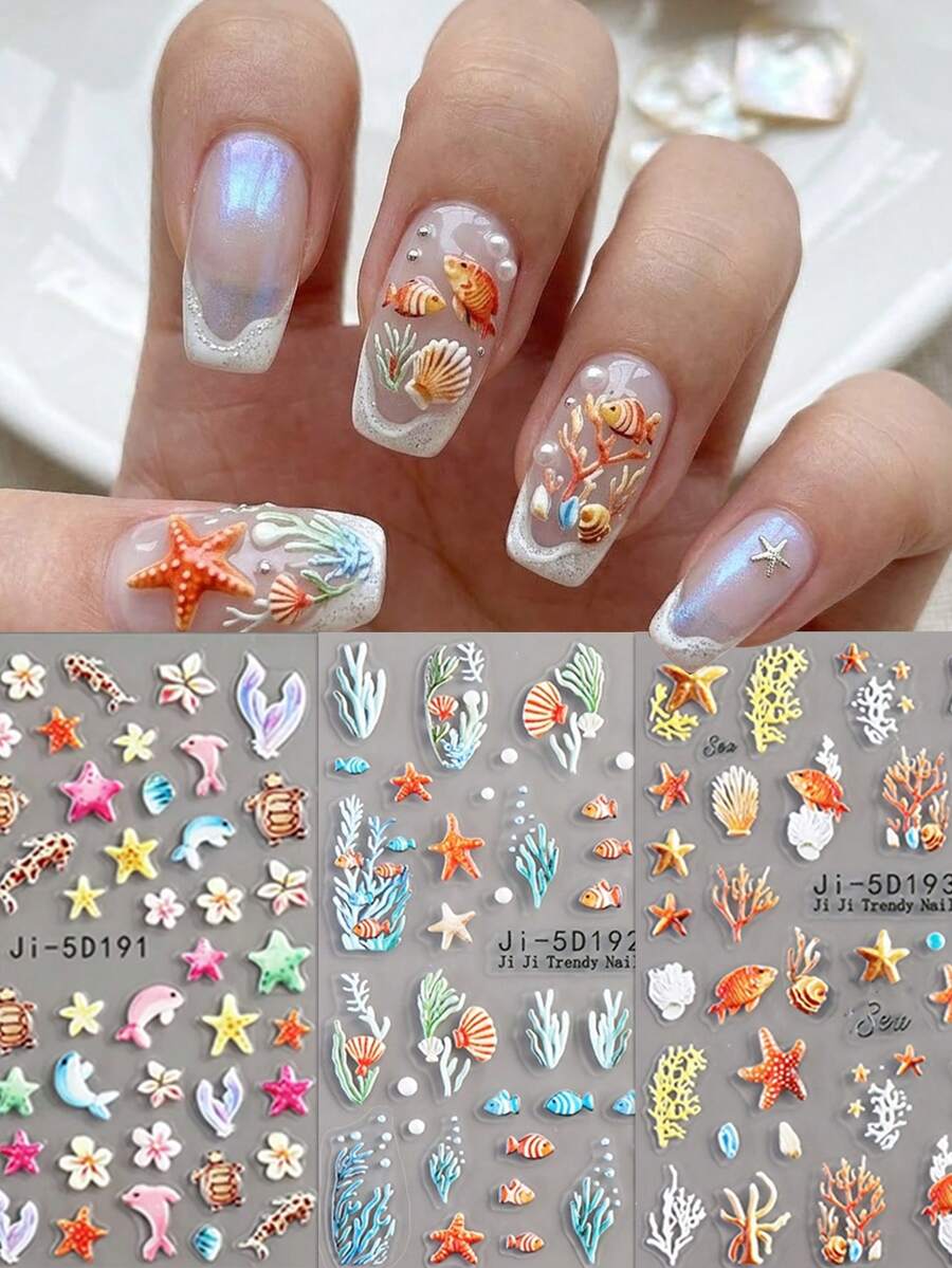3片/套 夏季5D立体海洋系列美甲贴纸，色彩缤纷的可爱水下生物，包括海豚、海星、贝壳和珊瑚，营造3D海滩度假氛围，适合DIY美甲装饰，可用于派对、音乐节、假日等场合。