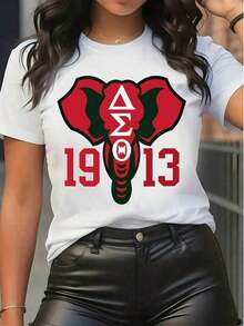 Women's Short-Sleeved T-Shirt With Round Neck, Featuring A Delta Sigma Theta Elephant Graphic Print And The Inscription "1913," Casual Streetwear, Summer T-Shirt, Gras, Valentine's Day, Summer 2026 - 白色 - 查看 7