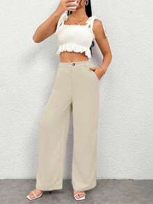 Pantalones rectos de unicolor casuales para mujer - Beis - Ver 7