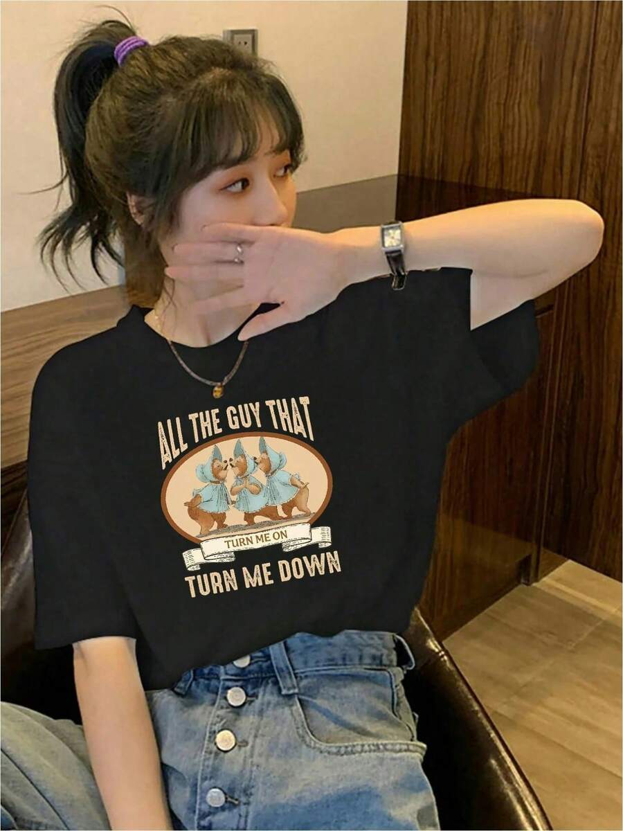 Funny T-Shirt With A Humorous Message For Modern Women, Urban Style, Comfortable And Casual, Ideal For Going Out Or Everyday Wear, One Size Fits All, Black, Youth Fashion - 黑色 - 查看 1
