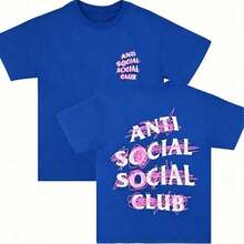 1 Pcs Cotton Double-Sided Printed, Anti Social Club Printed T-Shirt, Suitable For Daily Wear, Casual Summer Wear, Slightly Elastic, Breathable, Outdoor Holiday Sports, Gift T-Shirt, Holiday Gift, Perfect Gift. - Màu xanh lam - Xem 3