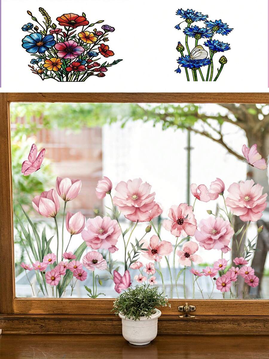 1 pieza Adhesivo de ventana floral caprichoso, adhesivo de ventana estático, calcomanía de amapola y tulipán acuarela rosa, PVC semibrillante, removible, para sala de estar, dormitorio, decoración del hogar - Multicolor - Ver 1