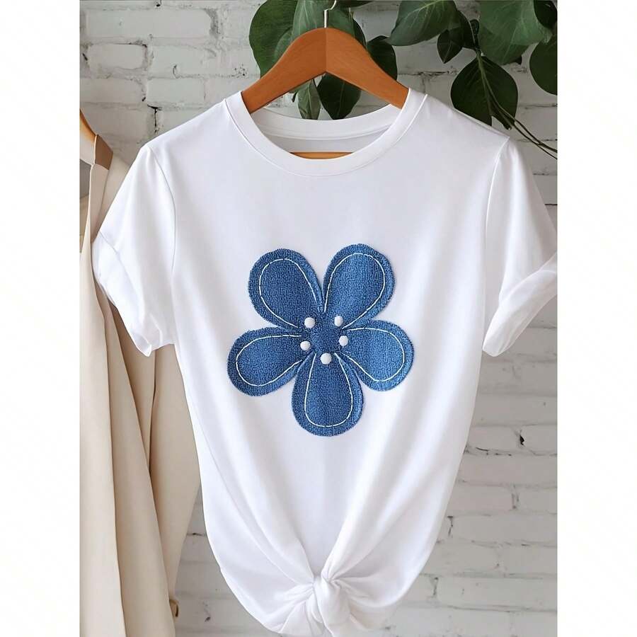 Camiseta Blanca para Mujer con Estampado Floral Azul - 100% Transpirable, Cuello Redondo, Manga Corta, Ajuste Relajado, Blusa Casual de Verano, Top Holgado en Línea H, Lavable a Máquina, Camiseta Opaca para Ropa Casual de Mujer - [Blanco] - Ver 1