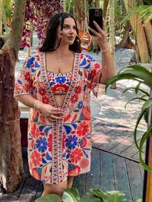 Swim Vcay Set de 3 piezas de traje de baño tipo tankini con estampado floral para mujer talla grande, conjunto casual de playa de verano - Multicolor 4 - Ver 4