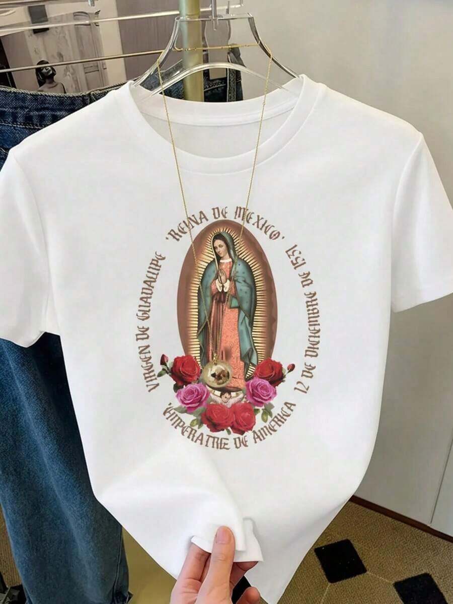 Women's Graphic T-Shirt, Short Sleeve, Round Neck, Casual, Comfortable, Cool, Lightweight, Modern, Youthful, Regular Fit, Print Of The Virgin Of Guadalupe, Roses, Flowers, Phrase, Letters, Queen Of Mexico, Vintage Oversized Graphic T-Shirt For Women, Cotton - 白色的 - 查看 1