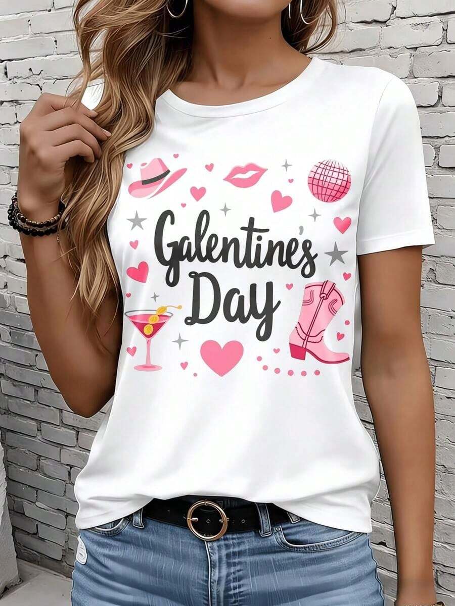 Las camisetas de manga corta para mujer en blanco y negro son adecuadas para el ocio diario, el hogar y los viajes al aire libre. Camiseta para el Día de la Galantina para mujer con diseño de corazones rosados, botas de cóctel y sombrero, ideal como regalo para la fiesta de la Galantina o para fiestas de vacaciones. - Blanco - Ver 1