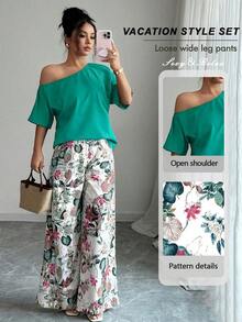 2 piezas Conjunto de top asimétrico de cuello sólido y pantalones con estampado tropical, estilo casual de vacaciones - Verde - Ver 1