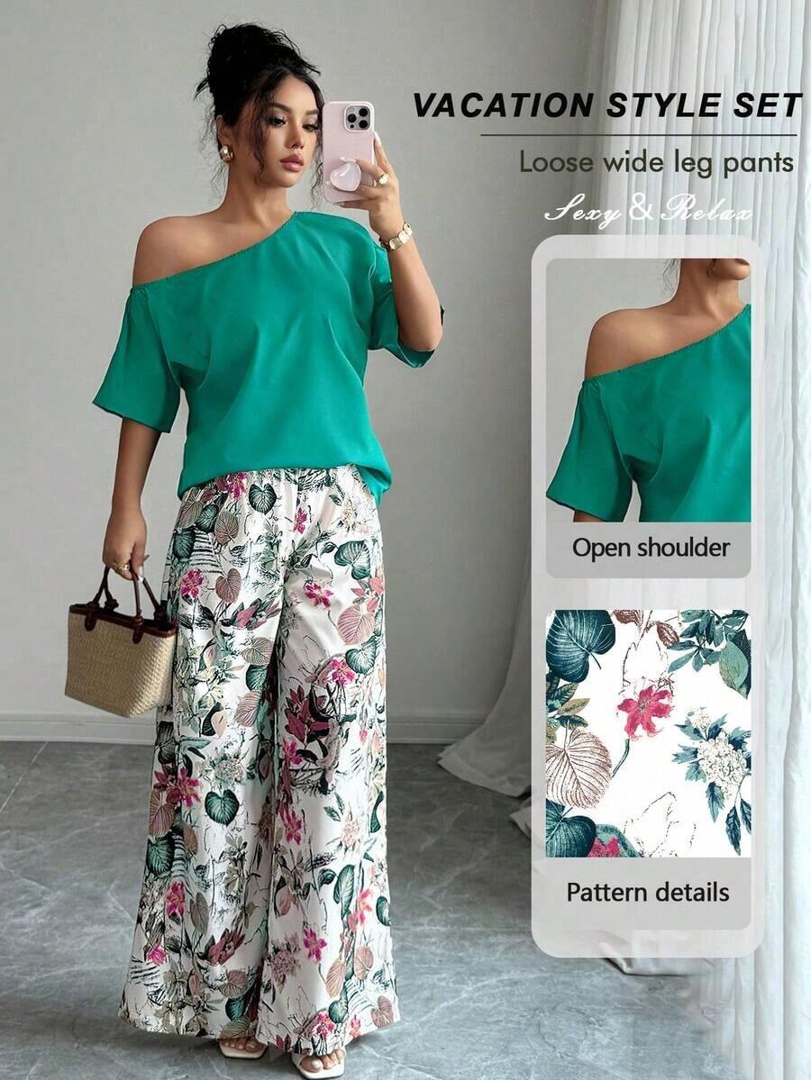 2 piezas Conjunto de top asimétrico de cuello sólido y pantalones con estampado tropical, estilo casual de vacaciones - Verde - Ver 1