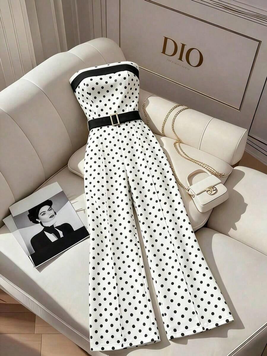 Mono sin tirantes de pierna ancha con hebilla metálica y ribete de contraste para mujer, mono formal elegante de lujo y alta calidad para mujer - Blanco - Ver 1