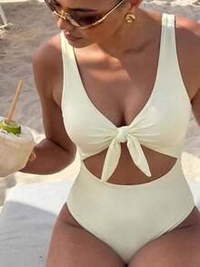 Swim Vcay Traje de baño de una pieza de unicolor negro elegante sin mangas, de cintura alta y con tirantes ajustables, para primavera/verano 2026 - Amarillo claro - Ver 5