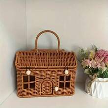 1 Covered Woven Home Style Storage Basket - Durable Plastic Rattan-Style Storage Container, Cottage Woven Design, Suitable For Indoor And Outdoor Use,H Hidden Lid, For Storing Blankets, Groceries - Home Decor Storage Basket, Suitable For Bookshelves, Wall Shelves, Etc. - Xem 9