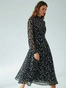 Vestido de manga larga con acento plisado en la cintura, de estampado de teñido anudado, elegante y versátil para uso diario, en azul y verde - Blanco y Negro - Ver 7