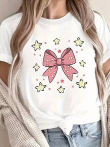 Camiseta Suave para Mujer de 180g con Diseño de Lazo Rosa y Estrella - Ajuste Cómodo, Camiseta Casual Negra, 100% Lavable a Máquina, Cuello Redondo, para Uso en Todas las Temporadas - Blanco - Ver 8