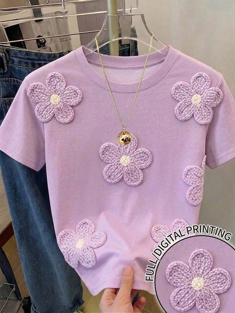 Camiseta casual de mujer con estampado todo sobre, linda y elegante para vacaciones, fiestas en la playa, estampado floral Y2K, moda callejera, vuelta al colegio, ocio festivo - Multicolor - Ver 1