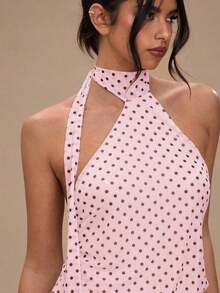 Vestido corto de verano con escote halter y espalda descubierta, con estampado de lunares sexy para mujer - Rosa coral - Ver 5