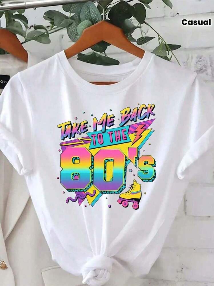 1 Piece Vintage 80s Graphic Print T-Shirt, Short Sleeve, Round Neck, Casual Spring And Summer Top, Women's Clothing, 180g 100% Cotton - 白色 - 查看 12