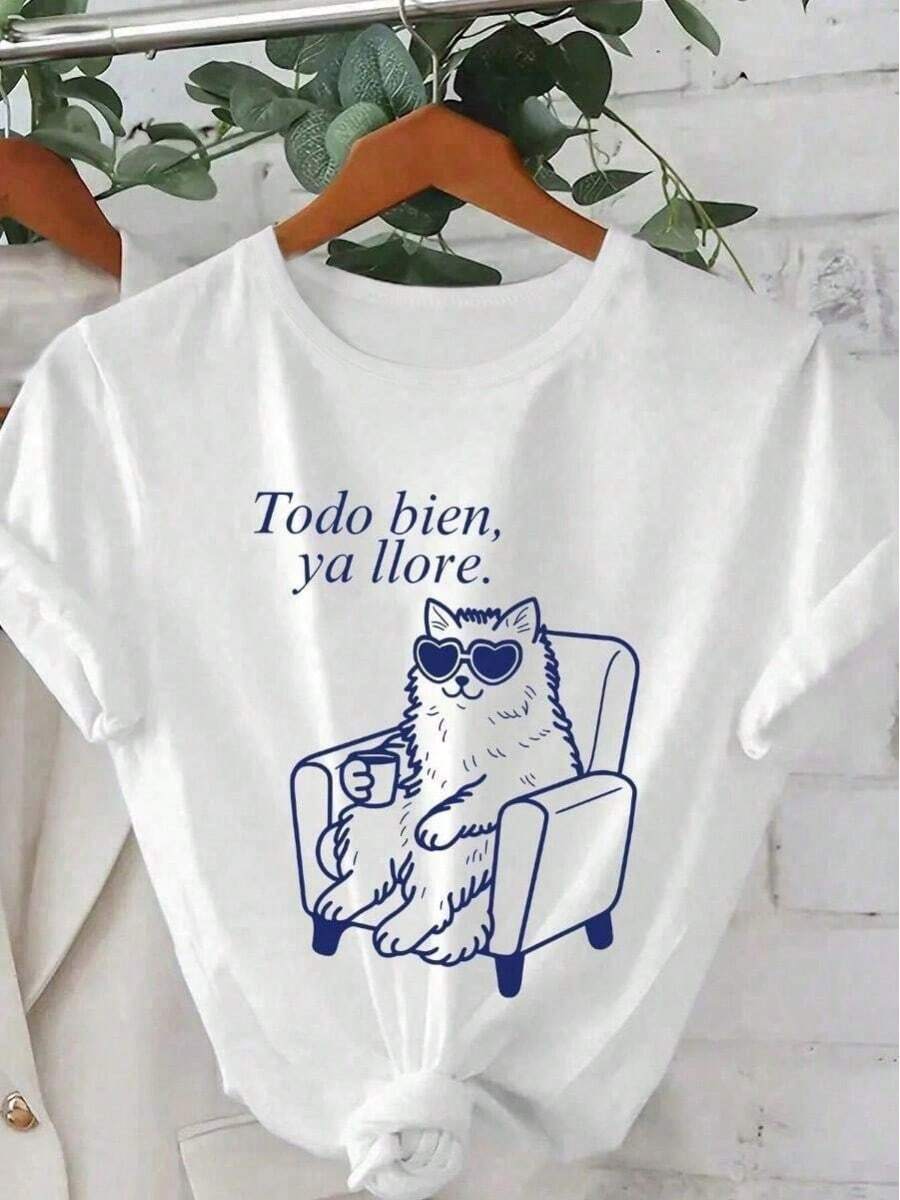 1 Piece Of Women's Short-Sleeved Crew Neck T-Shirt With "I've Raised Enough Cats" Print And Heart, And Sunglasses Drinking Coffee Design, Suitable For Spring, Summer, Autumn, Valentine's Day, Back To School, Plus Size, White, 180g, 100% Cotton. - 白色 - 查看 1