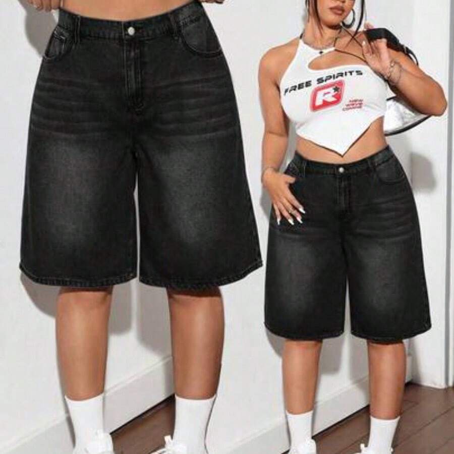 Plus-Size Women's Blue Summer Casual Vacation Cropped Jeans, Suitable For Everyday Casual Vacations. - Negro - Ver 1