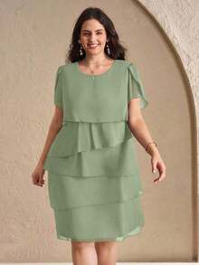 Reflora Vestido de moda con cuello redondo, mangas con volantes y estampado floral para mujer de talla grande - verde menta - Ver 3