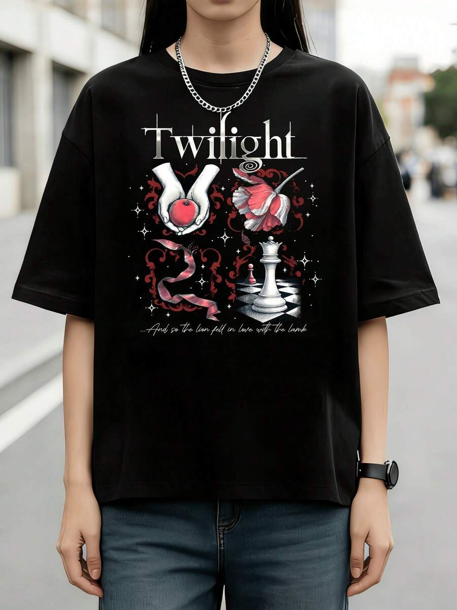 Twilight Movie Apple Rose Chess Dark Aesthetic Retro Cotton Summer Short Sleeve T-Shirt - Black - View 1