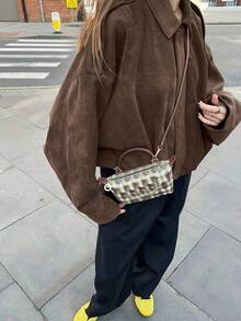 Chaqueta casual suelta de manga larga de ante sintético de un solo pecho para mujer, adecuada para usar en primavera. Chaqueta militar corta de mujer con botones de metal en los bolsillos, adecuada para usar en primavera y otoño. - Marrón óxido - Ver 11