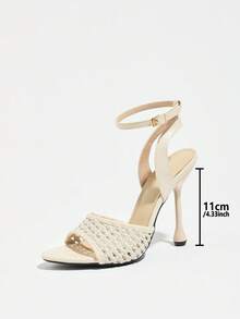 Jin Bei Qi Sandal cao gót nữ mũi tròn quai đan chéo quấn cổ chân gót nhọn, thời trang thanh lịch mặc đi tiệc, màu be - Màu be - Xem 4