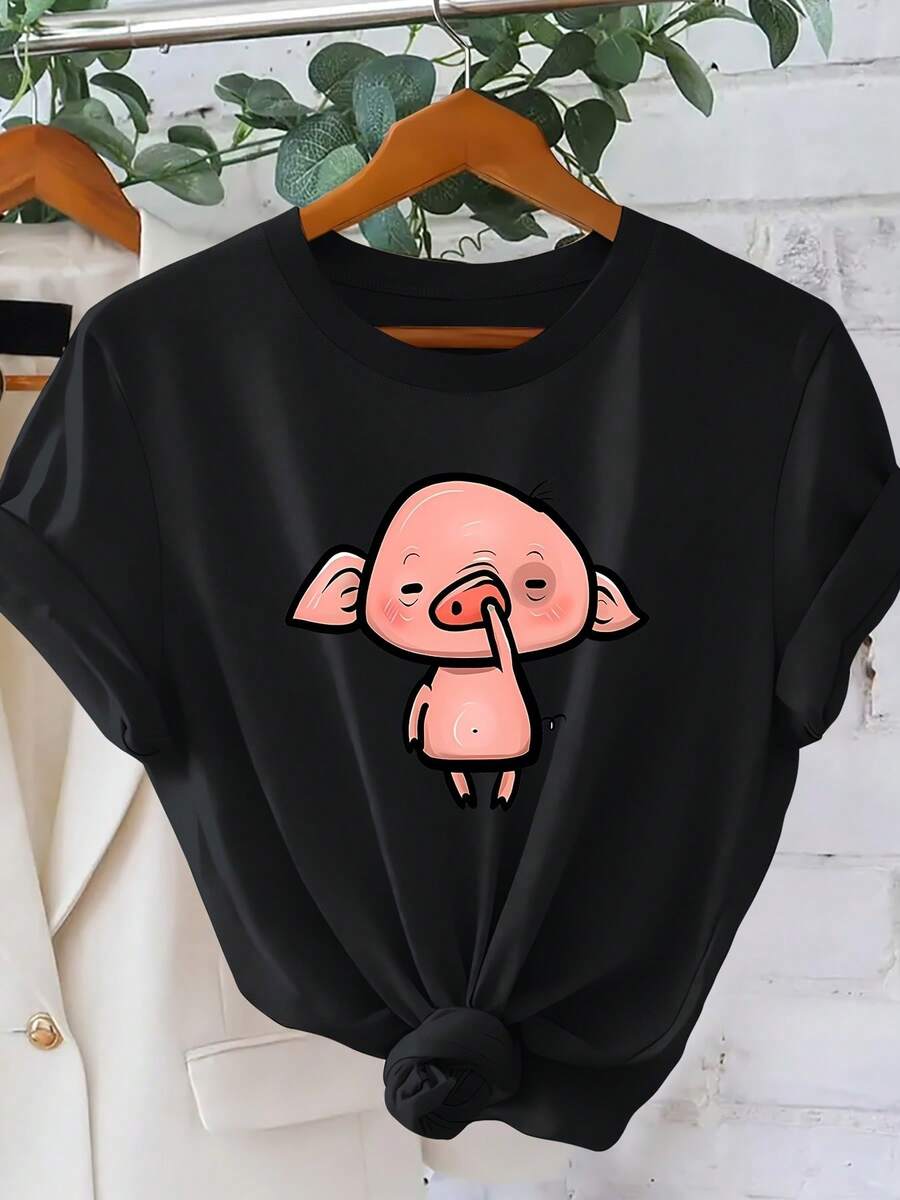 Talla grande, camiseta de talla grande para mujer con estampado divertido de nariz de cerdo - Top retro compatible con blusa de cara de cerdo, manga corta y cuello redondo | Ropa casual de primavera y verano lavable a máquina, adecu para uso diario, fiestas y ropa de estilo resort
