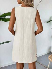 Vestido casual de verano para vacaciones en la playa, de algodón y lino con textura, color albaricoque, sin mangas y corte recto para mujeres - Beis - Ver 2
