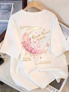 Women's Pink Butterfly Print Short Sleeve T-Shirt - Y2K Style, Loose Fit, Round Neck, Unique Design Casual Summer Top, Short Sleeve Top - 白色 - 查看 5