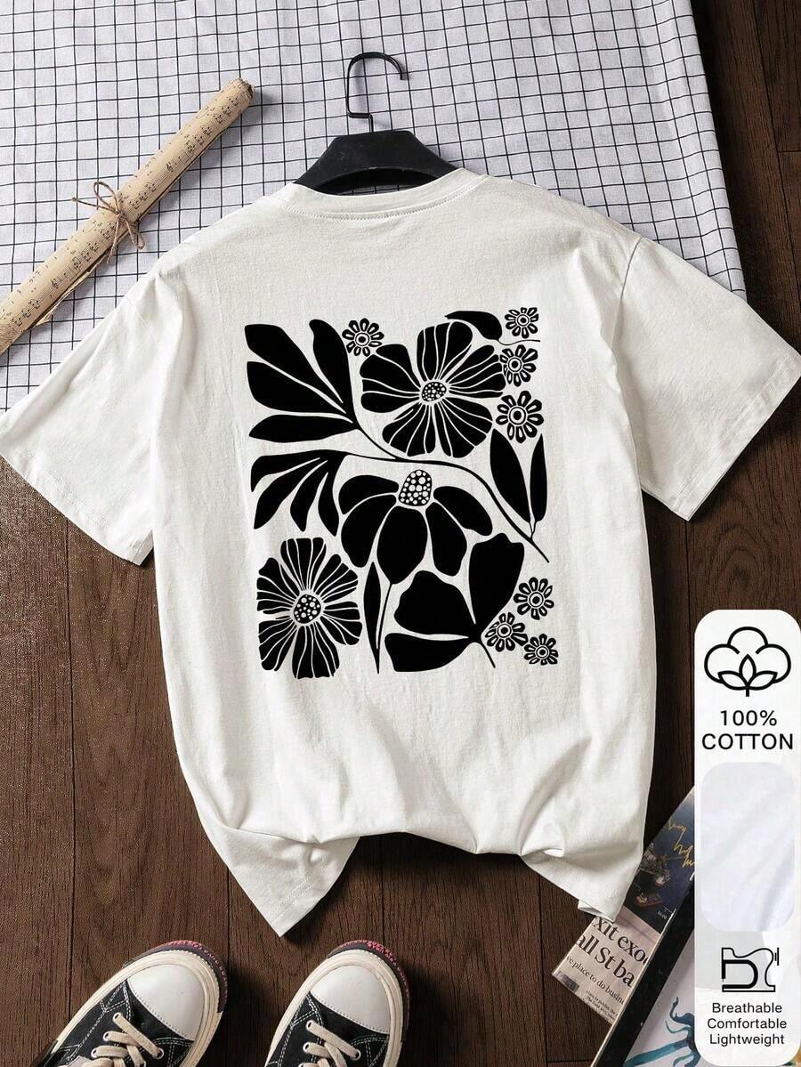 Blusa de verano de mujer de estilo casual con estampado floral, 100% algodón, manga corta, blusa con estampado, tela suave, ropa de algodón, top para exteriores, estampado, camiseta de verano, camiseta de mujer, top, ropa de verano, atuendo de vacaciones, estilo de viaje, ambiente de playa, ropa de resort minimalista blanca - Blanco - Ver 1