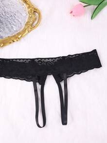 1pc Lace Hollow Sexy G-String Panties With Bow Tie, Low-Waist Seductive Lingerie - Black - View 5