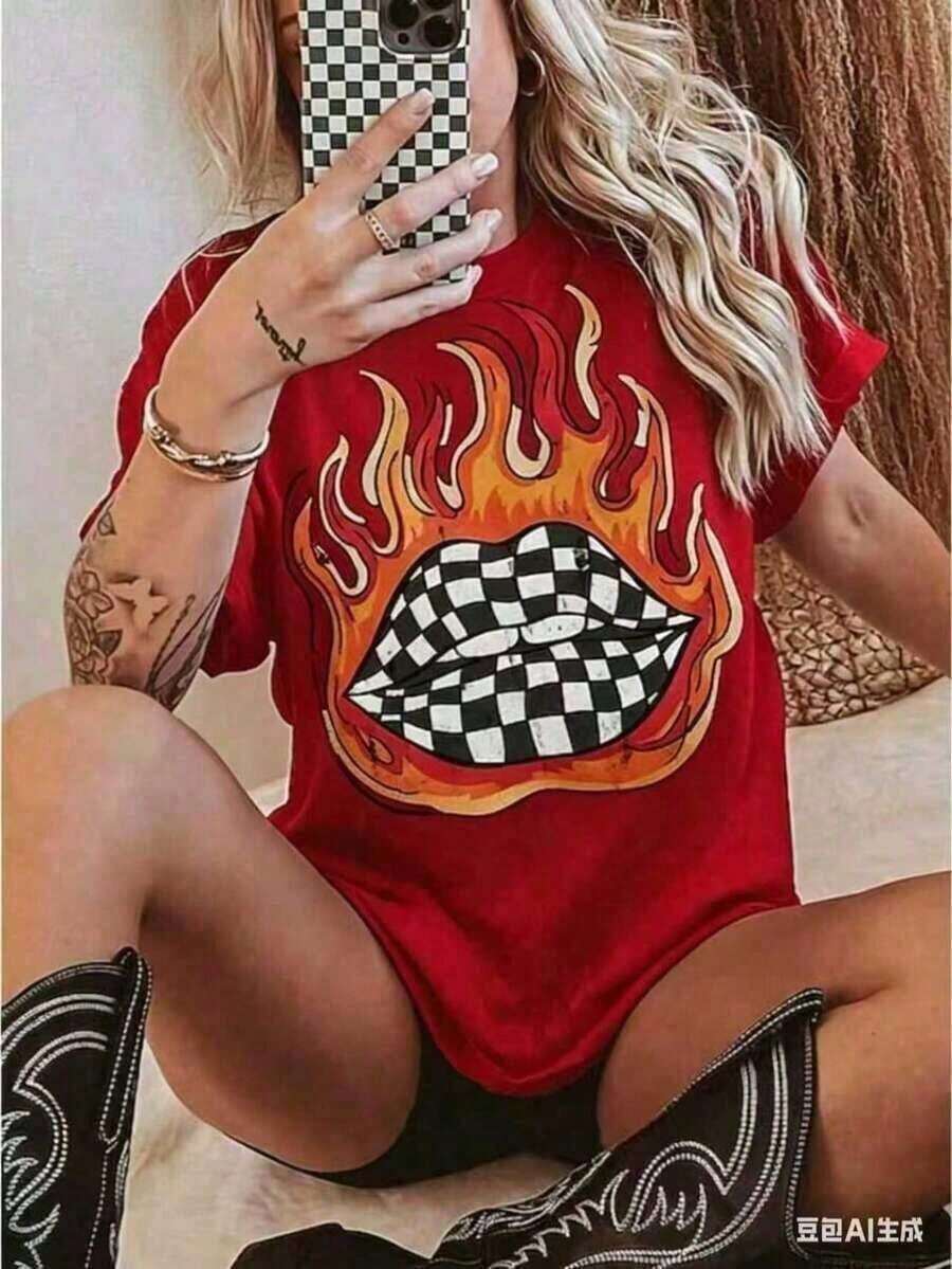 Western-Style Plaid Lip Print T-Shirt, Oversized Graphic Tee For Country Concerts, Western Wear, Retro Country T-Shirt, Funny Graphic Tees For Men And Women, Casual Crew Neck Loose Fit T-Shirts, Casual Short Sleeve T-Shirts For Men And Women 2026 - 紅色 - 查看 1