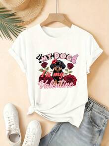 Camiseta gráfica del día de San Valentín para mujeres | Perro Doberman con rosas rojas e impresión de pata de maosa rosa, 'MY DOG IS my Valentine' Texto atrevido, camiseta de mangas enrolls, regalo perfecto para los amantes de las mascotas en el día de San Valentín - Blanco - Ver 2
