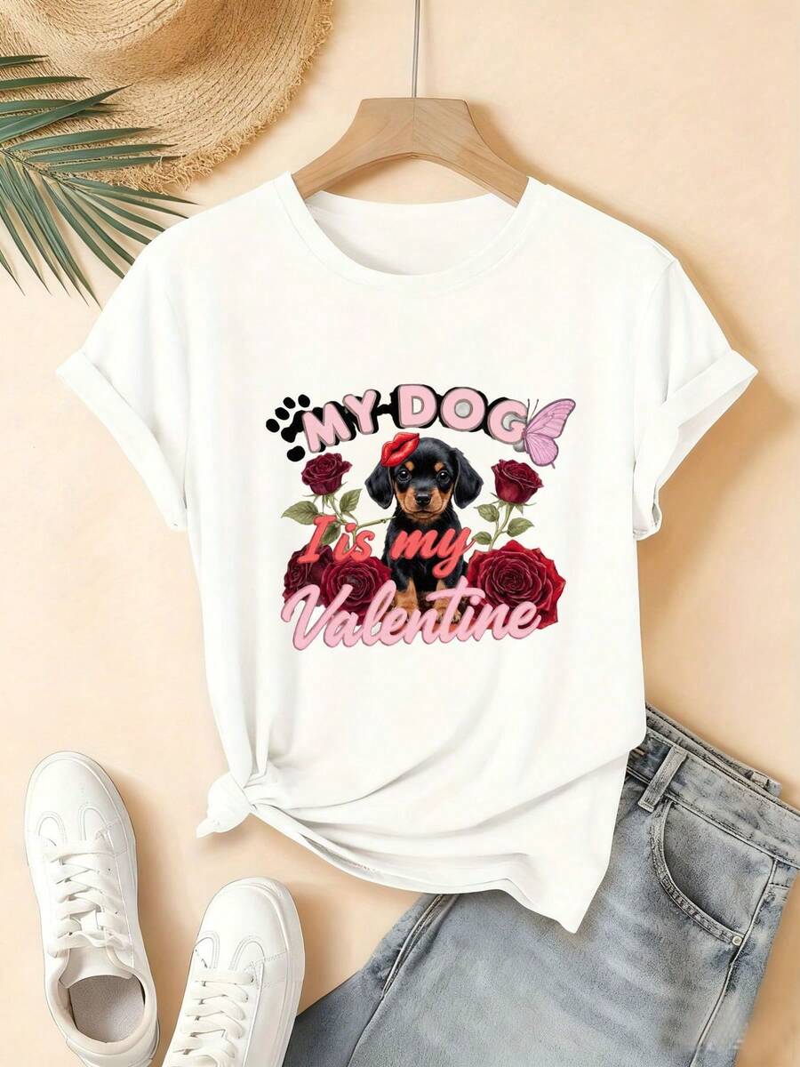 Camiseta gráfica del día de San Valentín para mujeres | Perro Doberman con rosas rojas e impresión de pata de maosa rosa, 'MY DOG IS my Valentine' Texto atrevido, camiseta de mangas enrolls, regalo perfecto para los amantes de las mascotas en el día de San Valentín