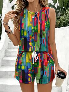 Women's Casual Vest And Shorts Two-Piece Set Colorful Geometric Shapes Abstract Pattern Print Everyday Home & Outdoor Sets,Machine Washable - phong cách - Xem 3