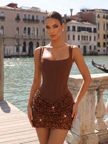New Luxury Women's Spaghetti Strap Bodycon Sleeveless Mini Dress, Fashion Exquisite Patchwork Herringbone Design, Fitted Bustier Cocktail Party Formal Evening Short Gown - Coffee Brown - View 3