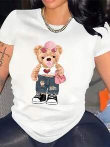 Women's Short-Sleeved Cotton T-Shirt With Graphic Print Of A Bear Wearing Glasses, Casual Short-Sleeved Round Neck Top, Stylish Women's Clothing For All Seasons. - 白色 - 查看 2